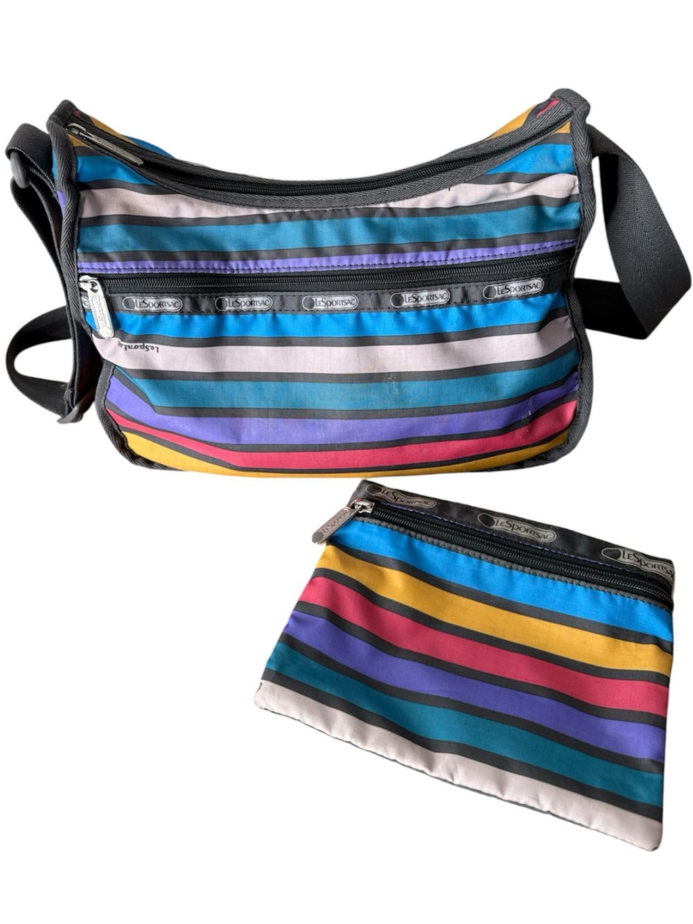 LESPORTSAC Striped Crossbody Bag And Small Pouch Zipper Travel *FLAW*